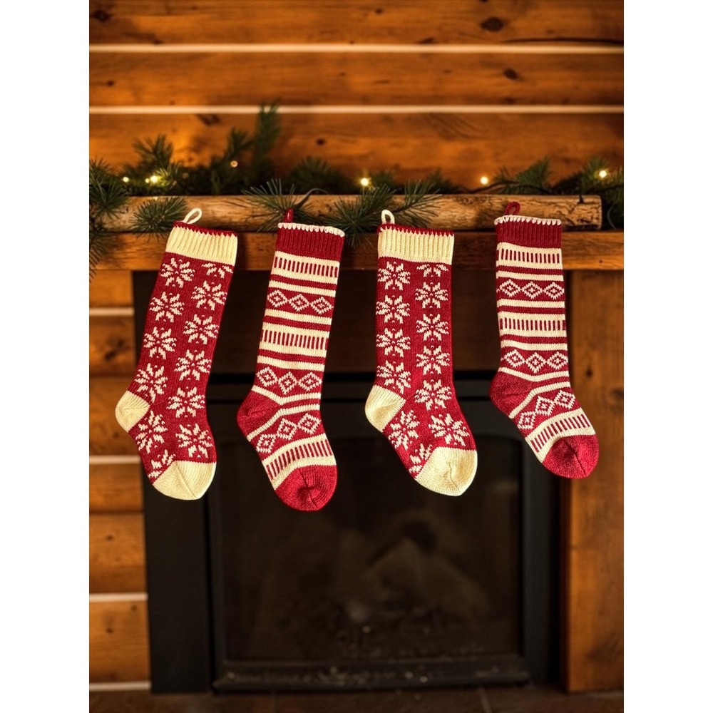 Set of 4 Christmas Stocking Red Cream Fair Isle Snowflake Knit